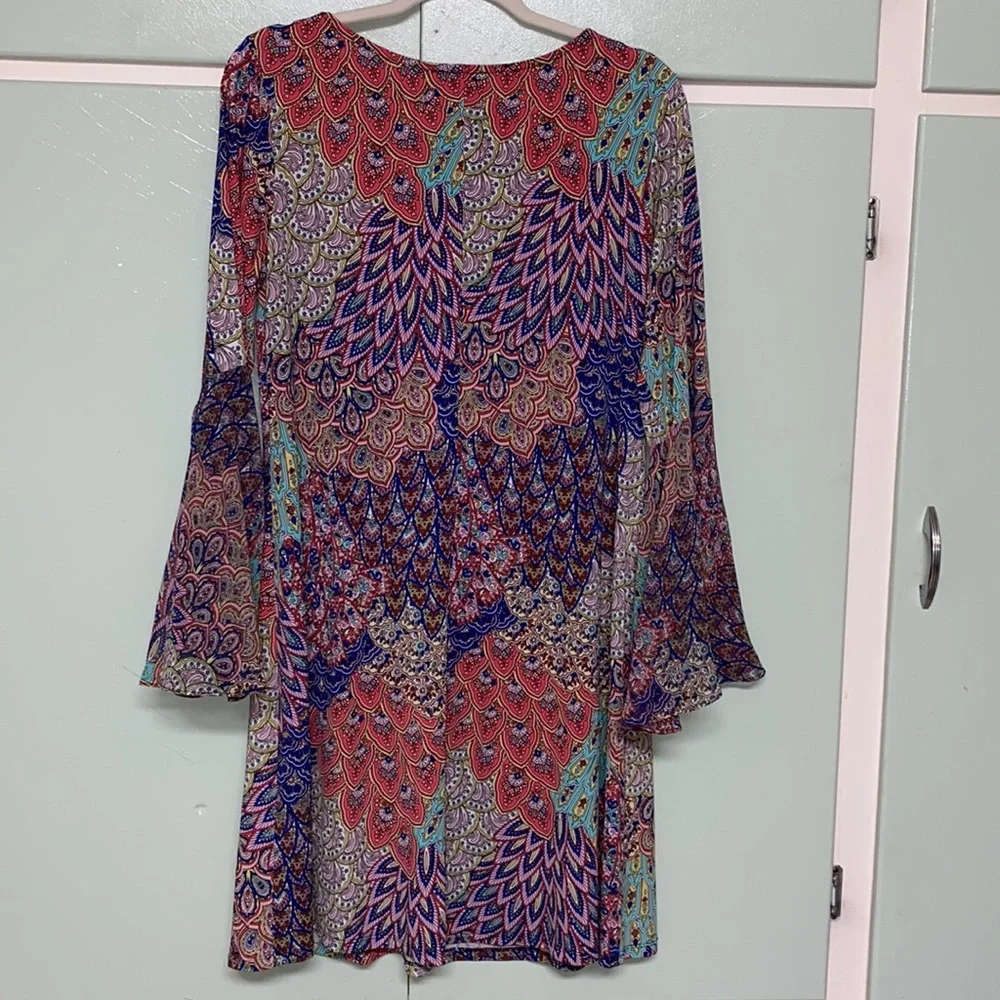 DRESS MSK WOMEN MULTI COLORED BOHO DRESS BELLE SLEEVES SIZE 1X - Picture 2 of 7